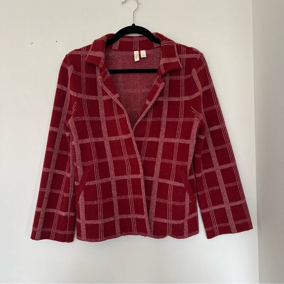 Anthropologie Moth Red Windowpane Plaid Knit Blazer Jacket - Picture 1 of 10